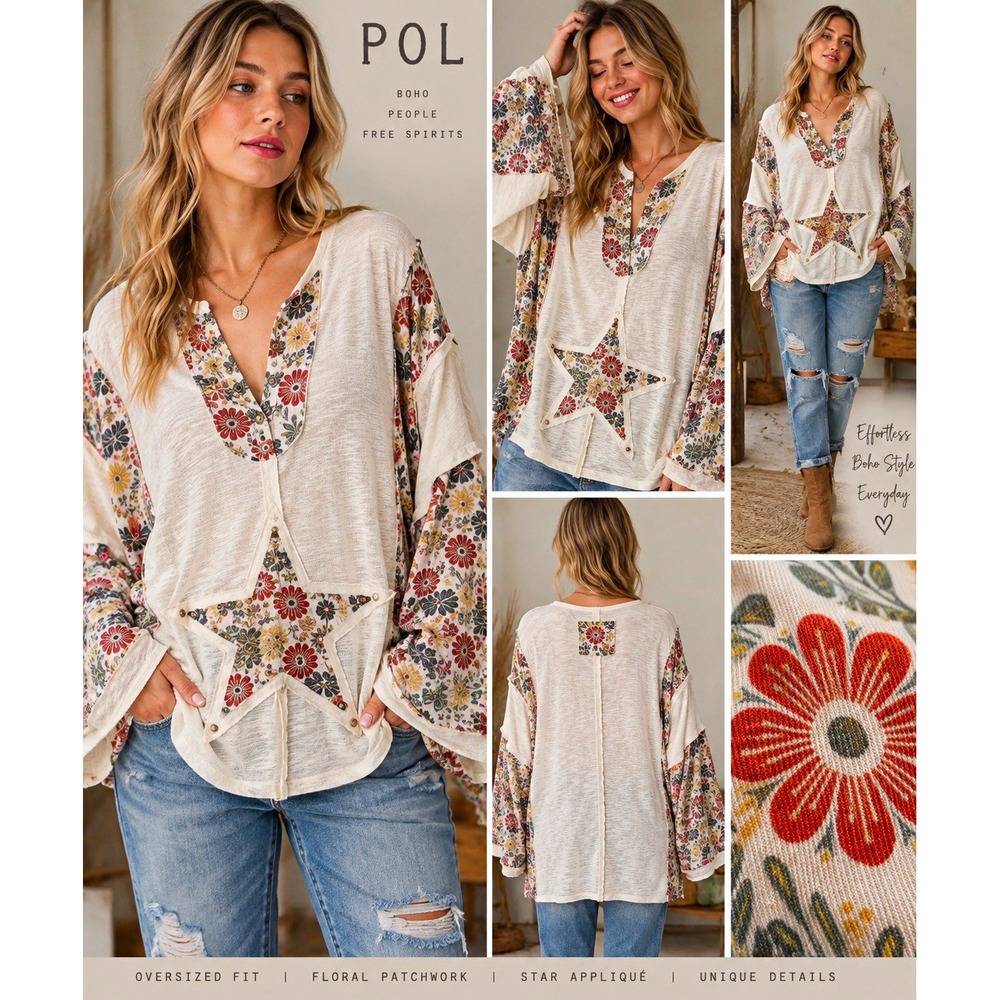POL Womens Size M Cream Oversized Floral Patchwork Beaded Star Boho Bell Sleeve
